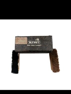 Vintage Kiwi Travel Shoe Shine Compact Kit Faux Tooled Leather Case Two Brushes